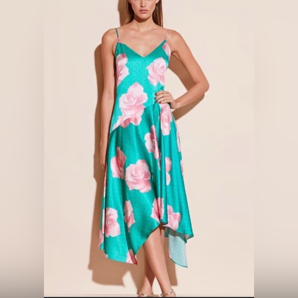 Fleur du Mal Teal and Pink Handkerchief Silk Midi Dress